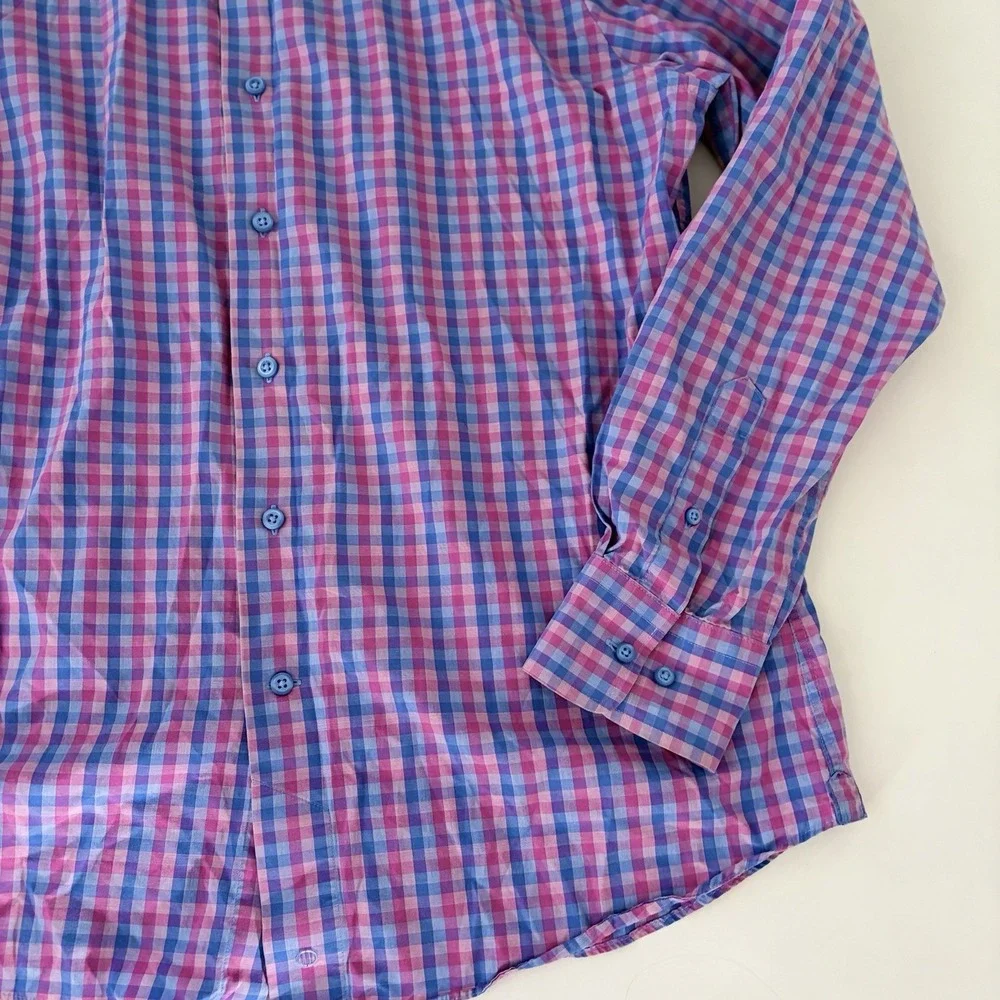 David Donahue Shirt Mens 16 Large Gingham‎ Check Button Up Fusion Cotton Career